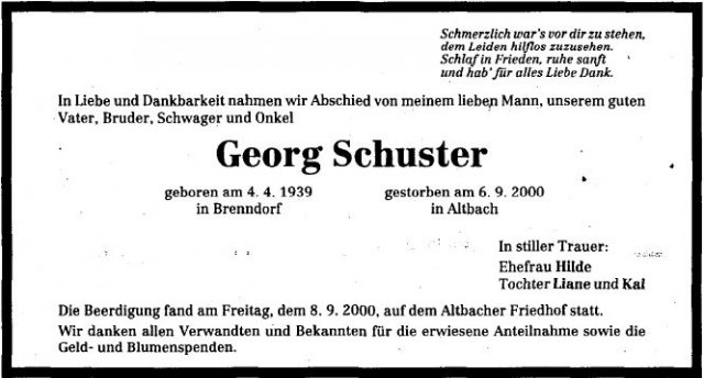 Schuster Georg 1939-2000 Todesanzeige